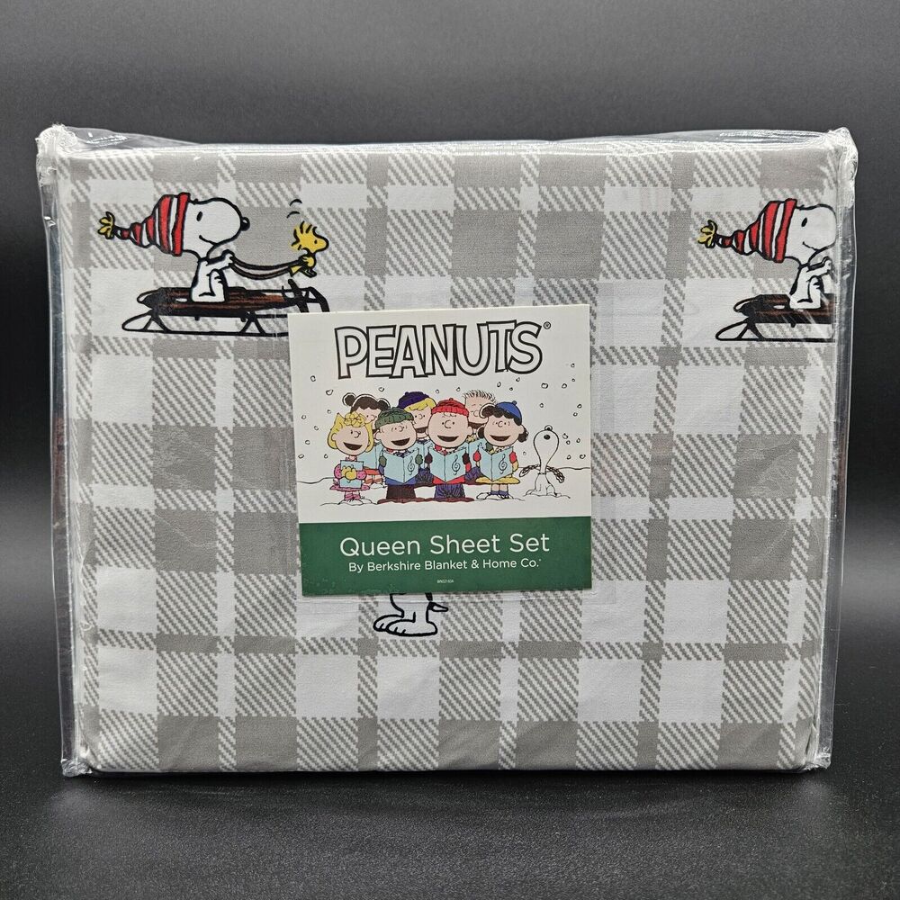 Berkshire Peanuts Snoopy Woodstock Christmas Holiday Queen Sheet Set Plaid‎ Gray